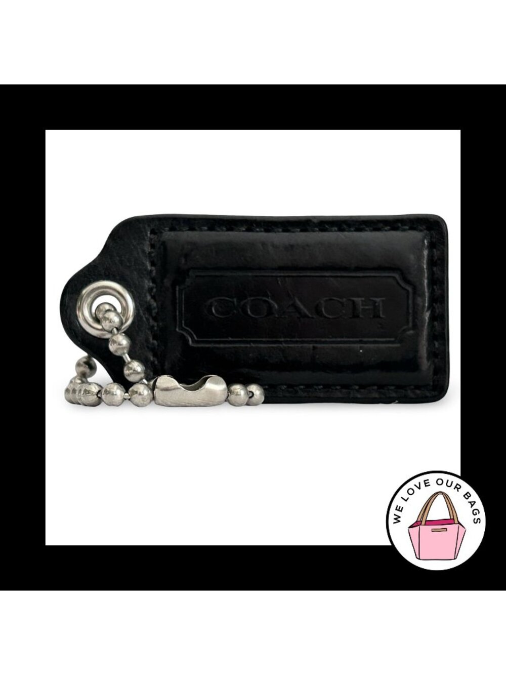 COACH HANG TAG 2.5" Black Smooth Leather Bag Charm Keychain Fob Nickel Large